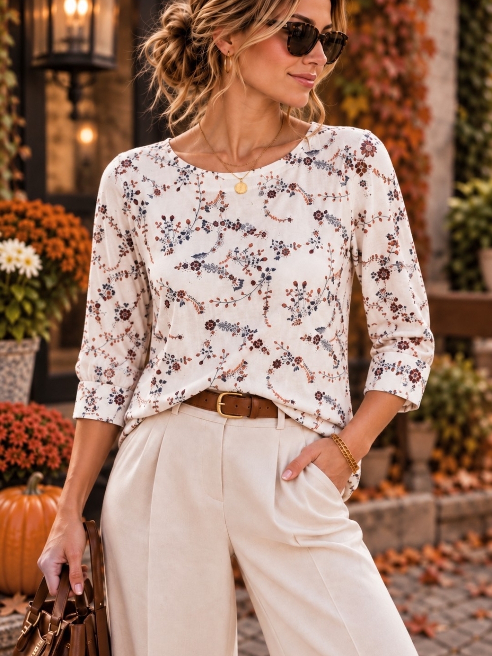 LOFT Cream Floral Botanical Tee Top Shirt Brown Blue Burgundy Fall Boho Blouse M